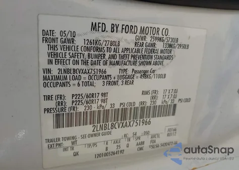 2010 Lincoln Town Car из США, поврежденный, VIN 2LNBL8CVXAX751966